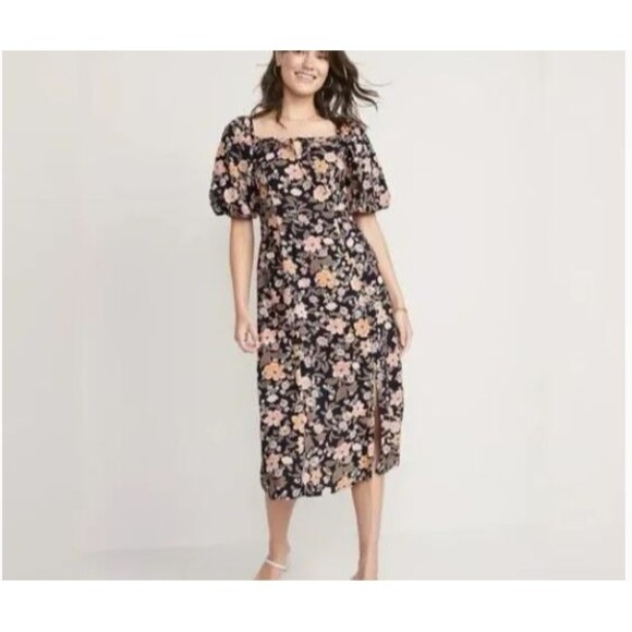 Old Navy Dresses & Skirts - Old Navy Women’s Large Black Floral Midi Dress Square Neck Puff Sleeve Leg Slit